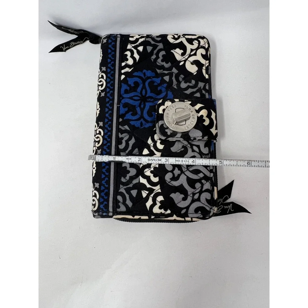 Vera Bradley Canterbury Pattern Turn Lock Zip Around Wallet Cobalt Blue Black